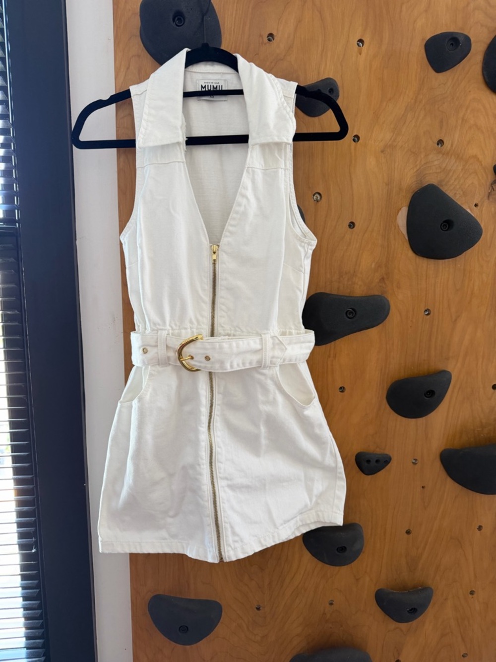 Show me your Mimi White denim Sleeveless Zip Front Mini Dress with Belt